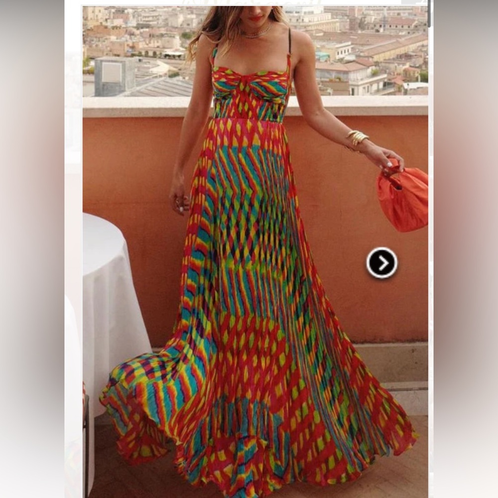 Red and Green Pleated A-line Maxi Dress
